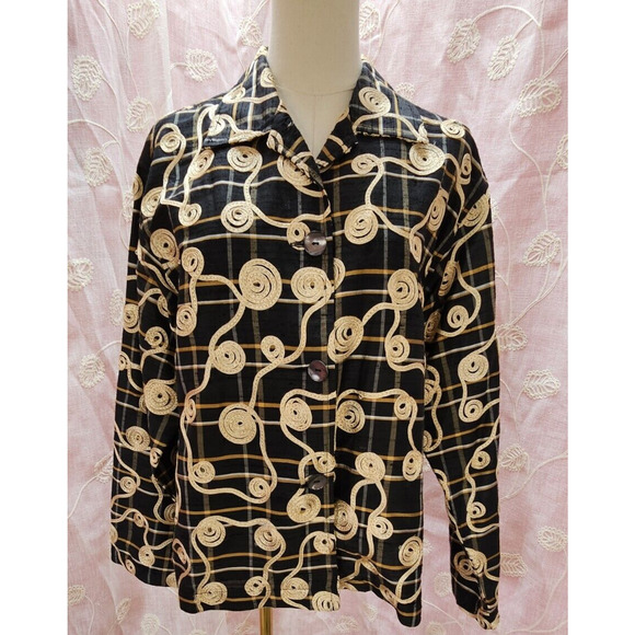 VTG 90s Giancarlo Ferrari‎ 100% Silk Top Black Gold Rope Embroidery Jacket Sm - Picture 1 of 7